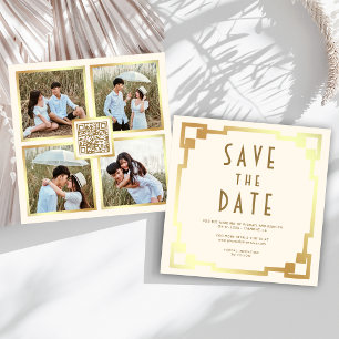 Art Deco Frame Cream Gold QR Code Wedding Save The Date