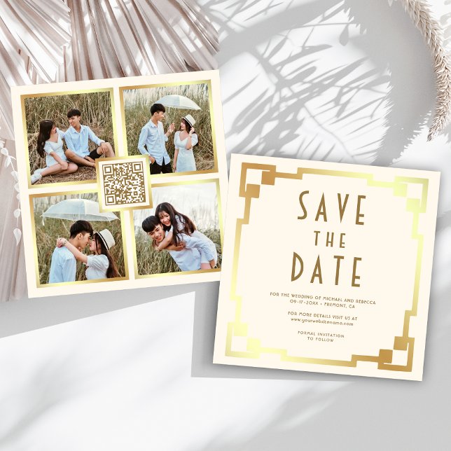 Art Deco Frame Cream Gold QR Code Wedding Save The Date (Creator Uploaded)