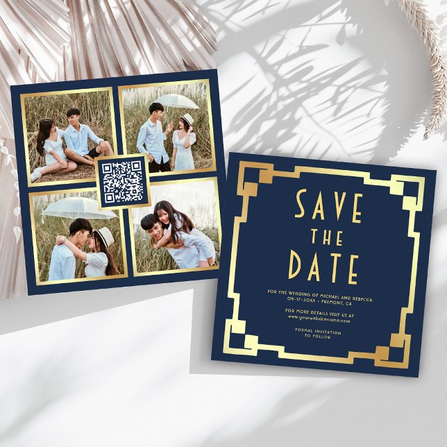Art Deco Frame Navy Blue Gold QR Code Wedding Save The Date (Creator Uploaded)