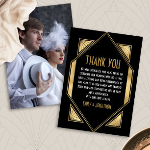 Art Deco Frame Photo Black Gold Wedding Thank You Card
