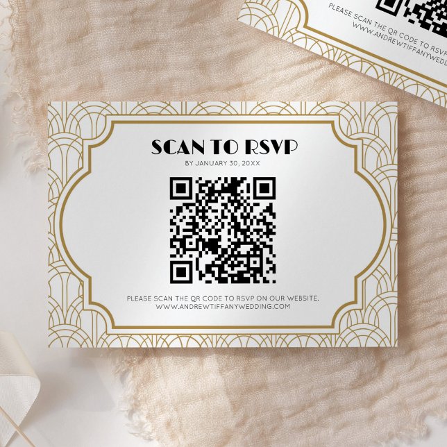 Art Deco Gatsby 1920s Wedding White Gold QR Code RSVP Card (Creator Uploaded)