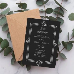 Art Deco Gatsby black 25th wedding anniversary Invitation