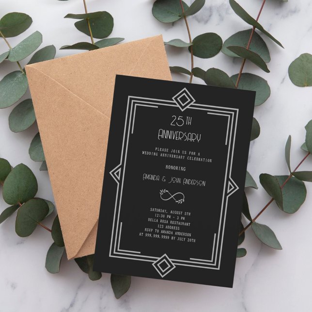 Art Deco Gatsby black 25th wedding anniversary Invitation (Creator Uploaded)
