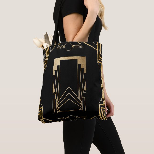 Art Deco Gatsby Black & Gold Design Tote Bag (Close Up)