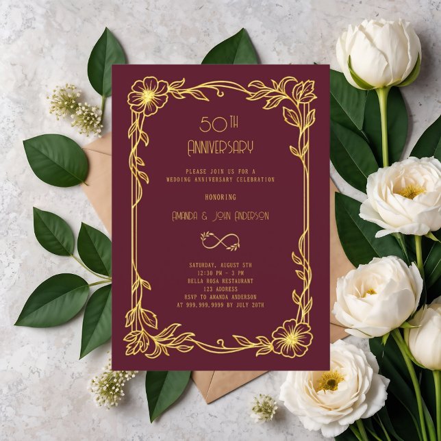 Art Deco Gatsby burgundy 50th wedding invitation (Creator Uploaded)