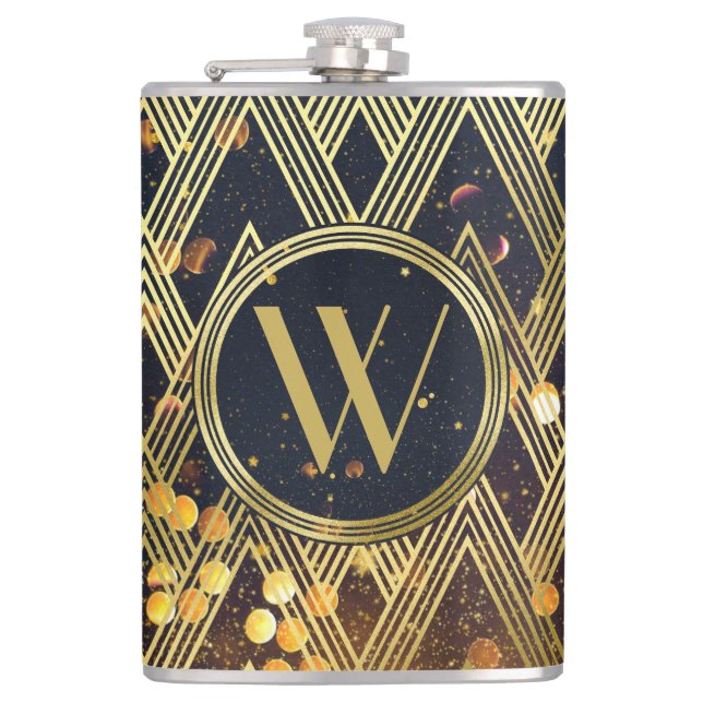 Art Deco Gatsby Glamour Geometric Pattern Monogram Hip Flask (Front)