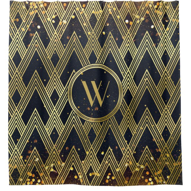 Art Deco Gatsby Glamour Geometric Pattern Monogram Shower Curtain (Front)