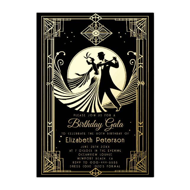 Art Deco Gatsby Prohibition Roaring 20s Birthday (art deco invitation birthday event gala gatsby roaring 20s prohibition black gold elegant foil)