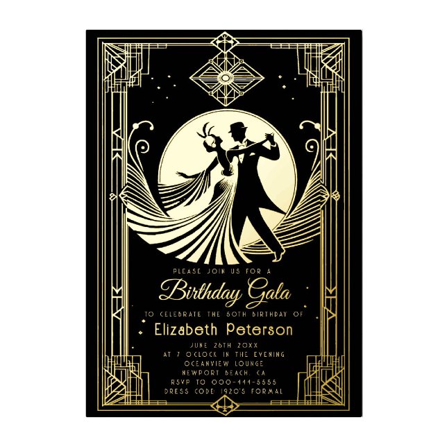 Art Deco Gatsby Roaring 20s Prohibition Birthday (art deco invitation birthday event gala gatsby roaring 20s prohibition black gold elegant foil)
