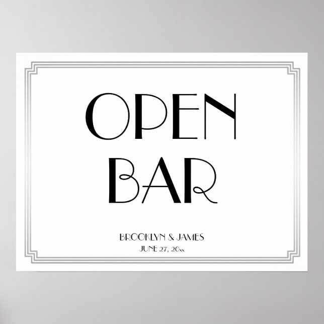 Art Deco Gatsby Silver Wedding Open Bar Sign 24x18 (Front)