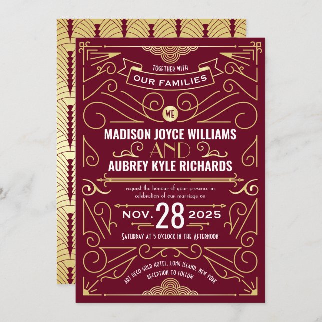 Art Deco Gatsby Wedding Elegant Gold Burgundy Invitation (Front/Back)