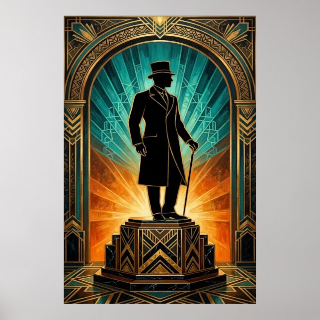 Art Deco Gentleman Silhouette Top Hat Cane Poster (Front)