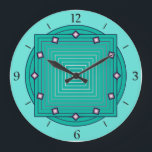 Art Deco Geometric, Aqua and Turquoise Blue Large Clock<br><div class="desc">Clock in overlapping geometric patterns,  consisting on gradient stripes,  ranging from aqua to deep turquoise / teal,  on a light aqua background,  with 3-d look diamond shaped accents at the hours</div>