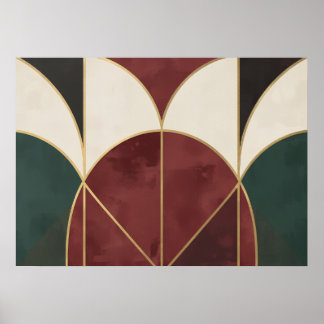 Art Deco Geometric Arcs Green Crimson Gold Poster
