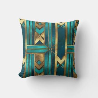 Art Deco Geometric Arrows, Gold and Turquoise Cushion