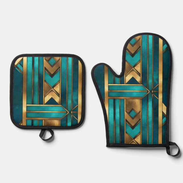 Art Deco Geometric Arrows, Gold and Turquoise Oven Mitt & Pot Holder Set (Front)