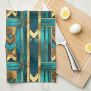 Art Deco Geometric Arrows, Gold and Turquoise Tea Towel
