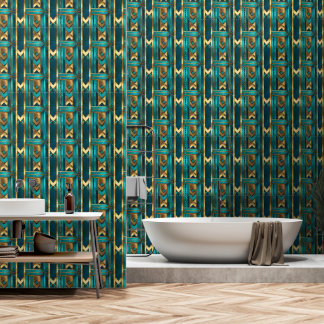 Art Deco Geometric Arrows, Gold and Turquoise Wallpaper