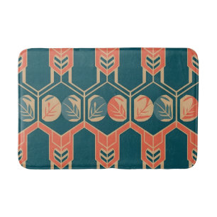 Art Deco Geometric Botanical Teal and Coral Pink Bath Mat