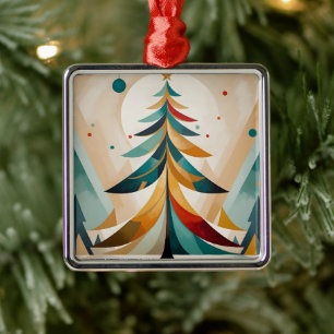 Art Deco Geometric Christmas Feathered Branches Metal Ornament