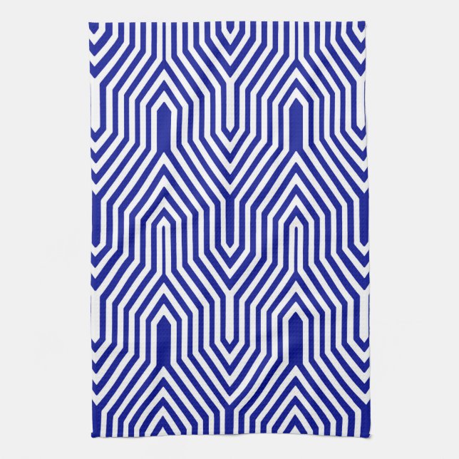 Art Deco Geometric - cobalt blue and white Tea Towel (Vertical)