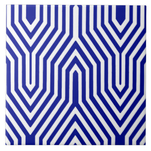Art Deco Geometric - cobalt blue and white Tile