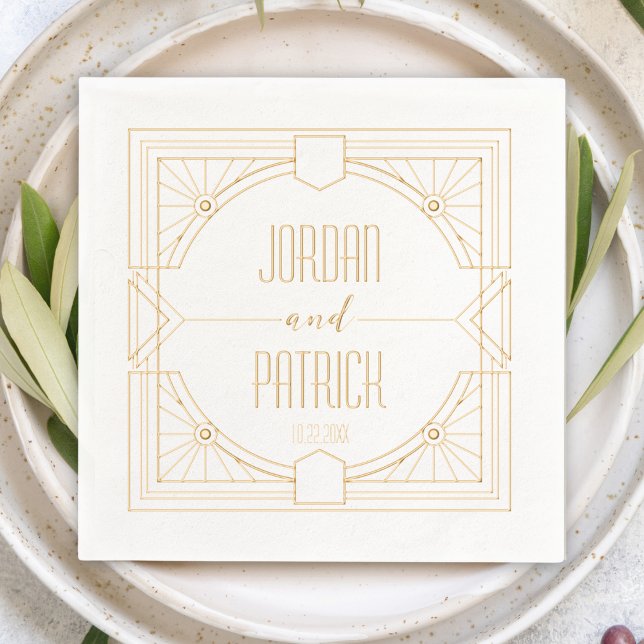 Art Deco Geometric Couple's Name CustomizedWedding Foil Napkins (art deco 1920s modern personalized custom wedding cocktail napkins couple's name & wedding date )