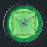 Art Deco Geometric, Emerald and Lime Green Clock<br><div class="desc">Clock in overlapping geometric patterns,  consisting on gradient stripes,  ranging from medium to pastel lime green,  on an emerald green background,  with 3-d look diamond shaped accents at the hours.</div>