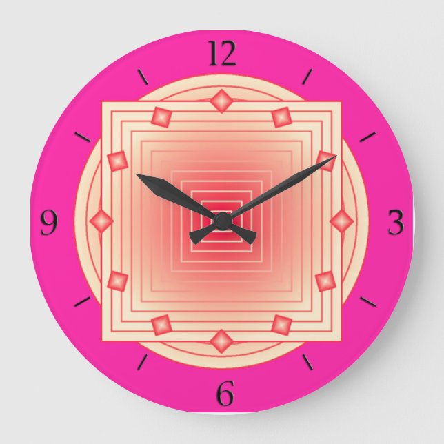 Art Deco Geometric, Fuchsia Pink and Coral Large Clock (Front)