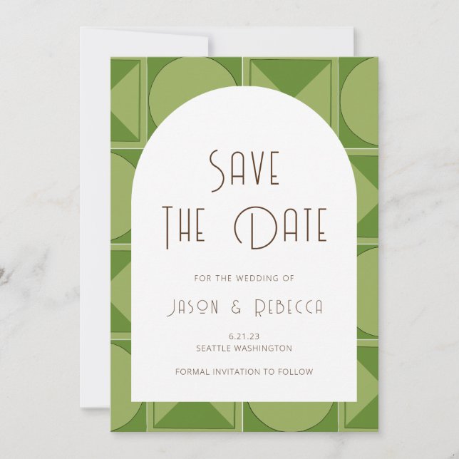Art Deco Geometric Green Save The Date Wedding Invitation (Front)