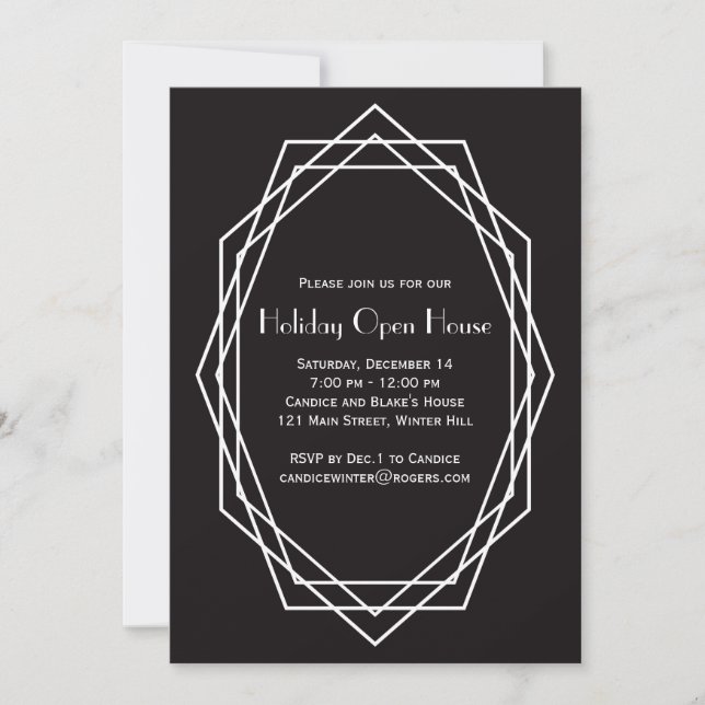 Art Deco Geometric Holiday Open House Black Invitation (Front)