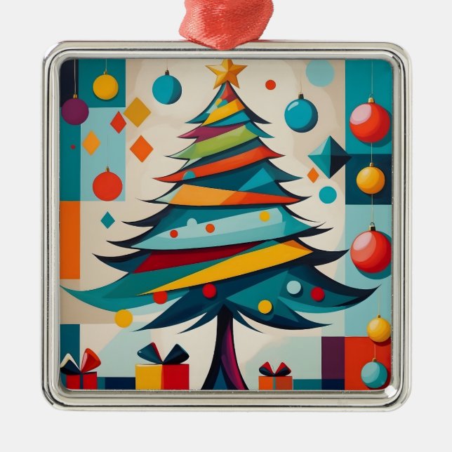 Art Deco Geometric Joyful Christmas Tree with Gift Metal Ornament (Front)