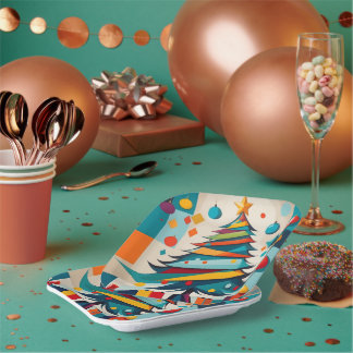 Art Deco Geometric Joyful Christmas Tree with Gift Paper Plate