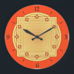 Art Deco Geometric, Mandarin Orange and Yellow Large Clock<br><div class="desc">Clock in overlapping geometric patterns,  consisting on gradient stripes,  ranging from light to deep golden yellow,  on a deep mandarin orange / tangerine background,  with 3-d look diamond shaped accents at the hours.</div>