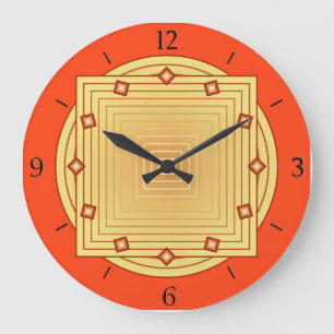 Art Deco Geometric, Mandarin Orange and Yellow Large Clock