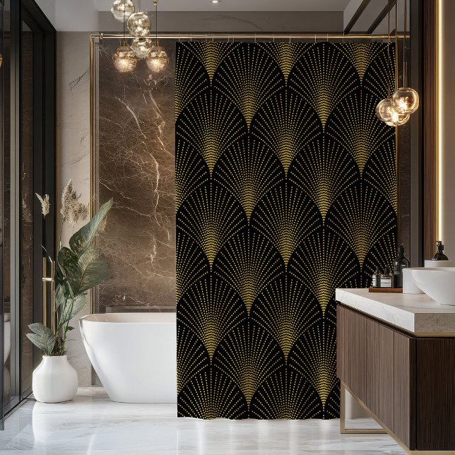 Art-Deco Geometric Pattern In Gold & Black Shower Curtain (Creator Uploaded)