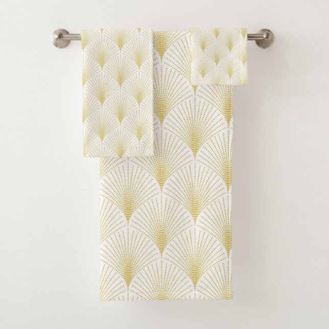 Art Deco Geometric Pattern In Gold & White Bath Towel Set (Insitu)