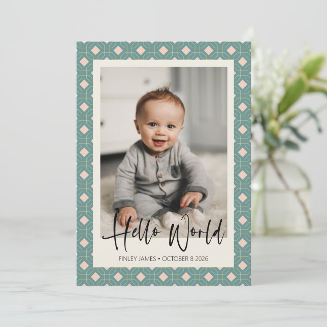 Art Deco Geometric Teal and Pink Baby Photo Birth  Announcement (Standing Front)