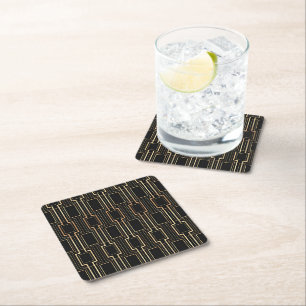 Art Deco Geometrics Black and Gold Square Paper Coaster