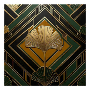Art Deco Ginkgo Leaf Gold Geometric Pattern Poster