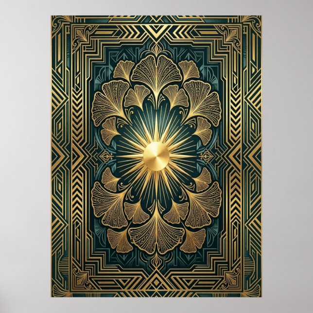 Art Deco Ginkgo Leaf Sunburst Poster | Gold Teal  (Front)