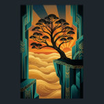 Art Deco Ginkgo Tree Ocean Cliff Gold Teal Poster<br><div class="desc">Elevate your home decor with this breathtaking Art Deco landscape featuring a majestic ginkgo tree silhouette. Perched on a dramatic teal cliffside overlooking a golden, swirling sea of mist and waves, this piece is illuminated by a vibrant sunset sunburst. The composition blends natural serenity with 1920s geometric precision and a...</div>