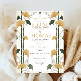 Art Deco Ginkgo Wedding Botanical Bamboo Gold Invitation