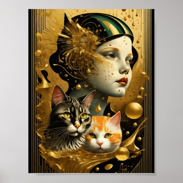 Art Deco Girl and cats Poster (Front)
