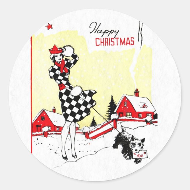 Art Deco Girl and Scotty Dog Classic Round Sticker (Front)