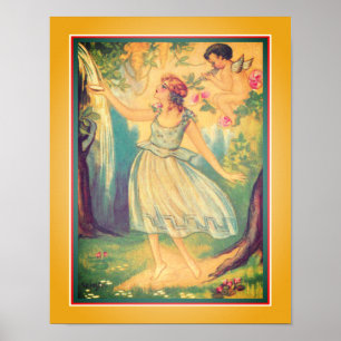 Art Deco "Girl & Cupid at Waterfall" Poster