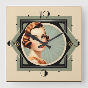 Art Deco girl Square Wall Clock