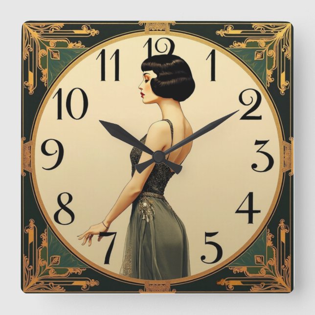 Art Deco Girl Square Wall Clock (Front)