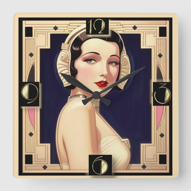 Art Deco girl Square Wall Clock (Front)