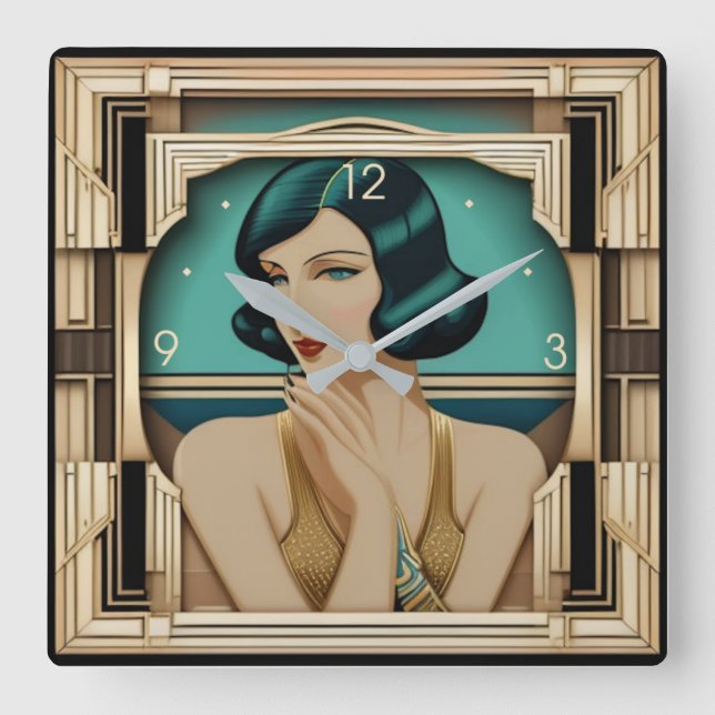 Art Deco girl Square Wall Clock (Front)